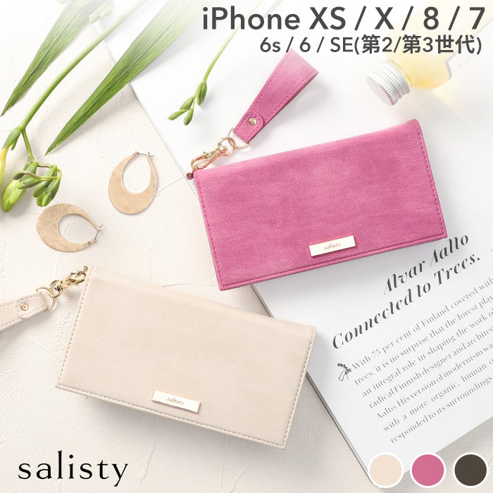 [iPhone XS/X/8/7/6s/6/SE(第2/第3世代)専用]salisty(サリスティ)スエード×メタルロゴダイアリーケース