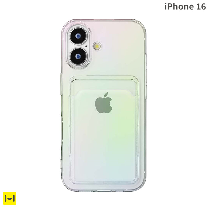 [iPhone 16専用] 背面収納スマホケース ポケット付 オーロラ/透明 Premium Style (TPU)